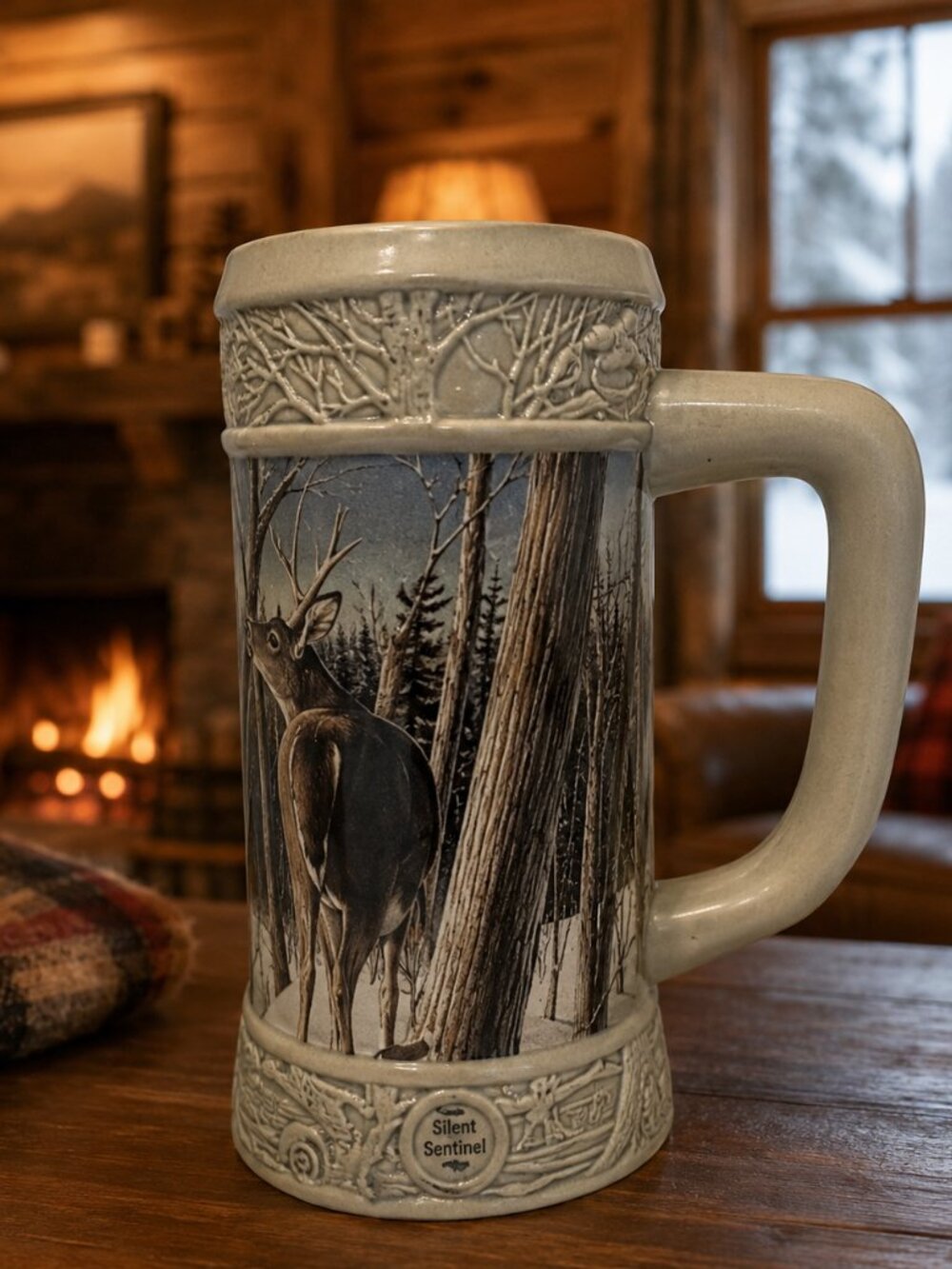 Miller 1998 Holiday Beer Stein Silent Sentinel Deer Cabin Vintage 24oz Barware
